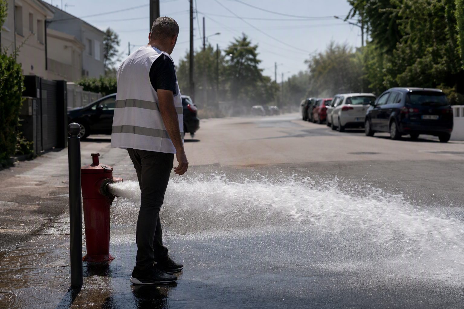 Borne à incendie ouverte sur une rue résidentielle en été