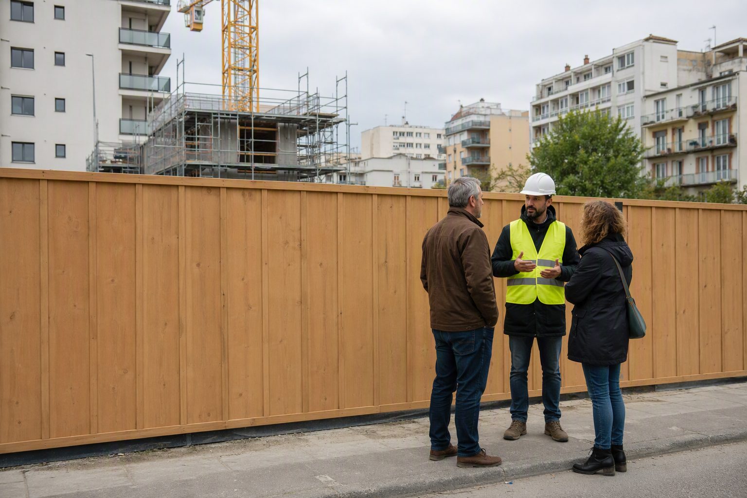 Échange avec des riverains devant un chantier