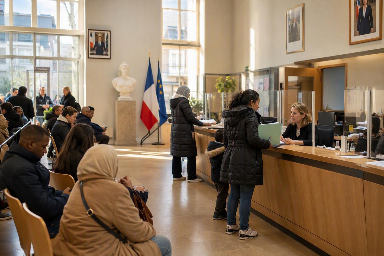 L'accueil d'une mairie de banlieue : des habitants patientent, une conseillère renseigne au guichet